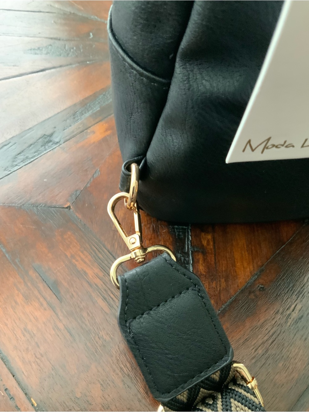 Moda Luxe Black Sling Bag with Patterned Chevron Strap - Picture 5 of 7